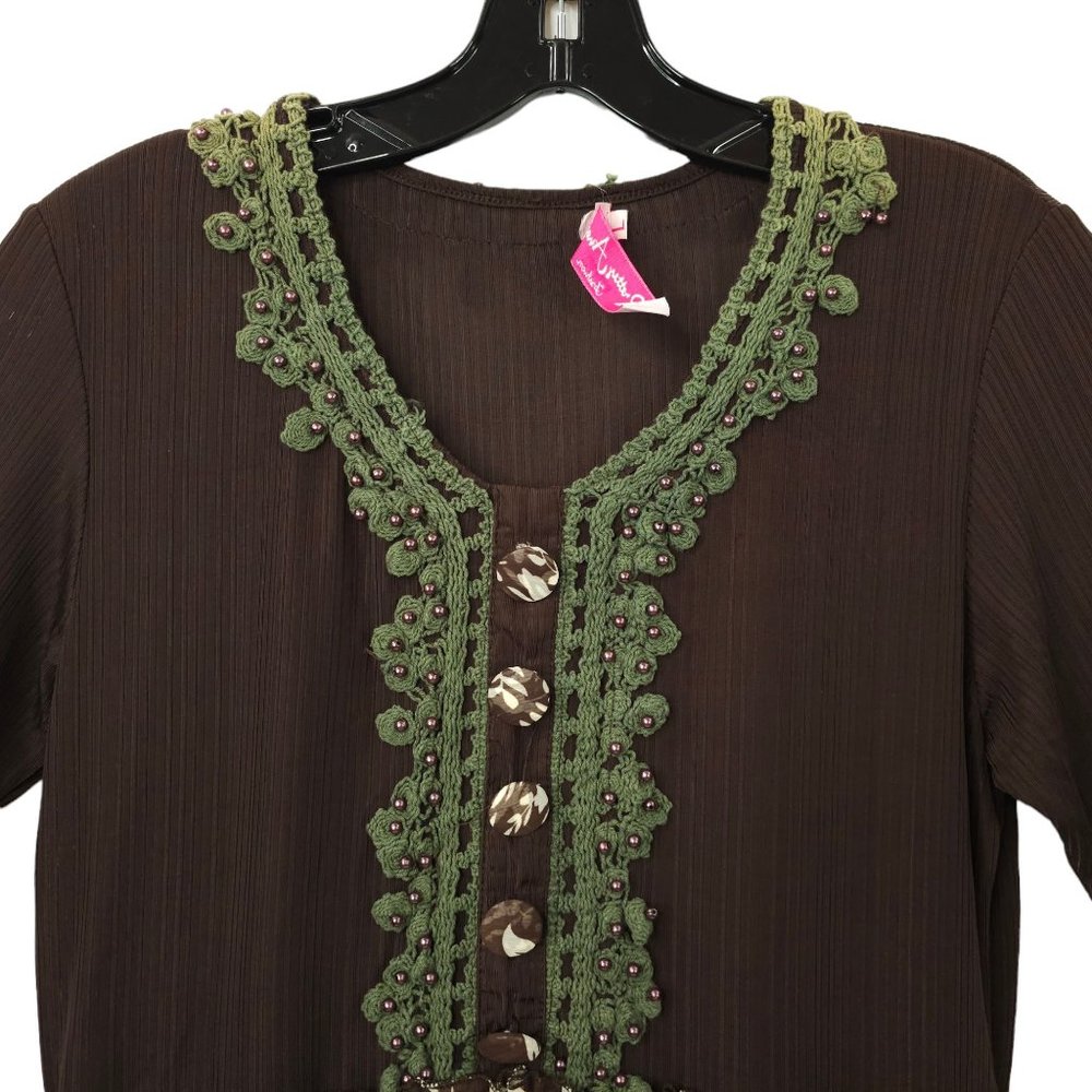 Pretty Angel Chocolate Floral Boho Tunic Top Womens L Crochet Trim Button Detail - Picture 8 of 15